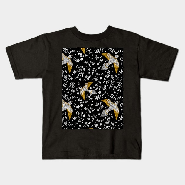 Birds And Leaf Pattern Abstract In Dark Background Kids T-Shirt by Dippity Dow Five